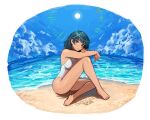  1girl alternate_costume artist_name bare_shoulders beach blue_eyes blue_hair breasts byleth_(fire_emblem) byleth_(fire_emblem)_(female) chocojax closed_mouth day expressionless fire_emblem fire_emblem:_three_houses full_body hair_ornament horizon large_breasts looking_at_viewer lying medium_hair ocean one-piece_swimsuit outdoors sky solo swimsuit water white_swimsuit 