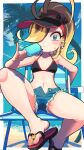  1girl beach bikini bikini_top_only blonde_hair denim denim_shorts dice ear_piercing flip-flops food fukumoto_ginko gashi-gashi gyaru hair_over_one_eye highres navel open_fly original piercing pinky_out ponytail popsicle sandals shorts sweat swimsuit torn_clothes visor_cap 