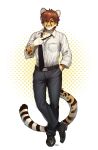  2022 absurd_res anthro belt bottomwear clothing crossed_legs domestic_cat felid feline felis footwear gradient_background hi_res looking_at_viewer male mammal necktie pants pgm300 plantigrade shoes signature simple_background smile white_background 