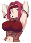  1girl armpits arms_behind_head arms_up bangs bare_shoulders blue_eyes blush breasts clothing_cutout code_geass detached_sleeves headband kallen_stadtfeld large_breasts leotard looking_at_viewer navel navel_cutout parted_bangs red_hair red_leotard shiseki_hirame short_hair sidelocks solo 