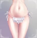  1girl border close-up dated gradient gradient_background grey_background highres lace lace_panties layered_panties legs_together lower_body narrow_waist navel original panties ribbon side-tie_panties signature solo stomach thigh_gap thighs underwear underwear_only white_border white_panties white_ribbon yanlan_feixue 