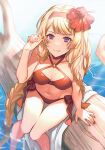  1girl athena_(granblue_fantasy) bangs bare_shoulders bikini blonde_hair braid breasts breasts_apart choker closed_mouth feet_out_of_frame flower granblue_fantasy groin hairband hand_up hibiscus kingyo_114 log medium_breasts navel official_alternate_costume purple_eyes red_bikini red_nails short_hair sitting smile soaking_feet solo swimsuit very_short_hair water wet wet_hair 