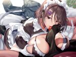  1girl absurdres between_breasts breast_grab breast_hold breast_squeeze breasts brown_eyes bulge cleavage dripping erection erection_under_clothes fellatio fellatio_gesture frills gloves grabbing highres huge_breasts kneeling looking_at_viewer maid maid_headdress naughty_face neropaso oral original paizuri penis saliva saliva_trail spread_legs tongue tongue_out white_gloves 