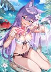  1girl :d animal_ear_fluff animal_ears bangs barefoot beach bikini black_bikini blue_eyes bracelet breasts cleavage cloud eyebrows_visible_through_hair feet flower food fox_ears fox_girl fox_tail frilled_bikini frills fruit full_body hair_between_eyes hair_flower hair_ornament highres indie_virtual_youtuber jewelry kaioura light_purple_hair lily_(flower) long_hair looking_at_viewer medium_breasts mismatched_bikini navel open_mouth outdoors partially_submerged popsicle purple_nails ring second-party_source sitting smile solo squchan strawberry swept_bangs swimsuit tail tail_raised toes tropical very_long_hair virtual_youtuber wariza water watermelon wet white_bikini 
