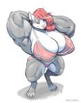  2022 anthro big_breasts big_muscles blue_eyes breasts canid canine canis clothing digital_media_(artwork) domestic_dog female flexing gillpanda hair hi_res huge_biceps huge_breasts huge_muscles lingerie looking_at_viewer mammal muscular muscular_female muscular_thighs pink_hair pit_bull pose solo wide_hips 