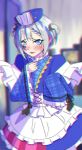  1girl alternate_costume apron bedroom beret black_ribbon blue_hair blue_headwear blue_kimono blue_skirt blurry blush braid chromatic_aberration collar commentary_request cosplay cowboy_shot crescent crescent_hair_ornament depth_of_field embarrassed frilled_apron frilled_collar frilled_kimono frilled_skirt frilled_sleeves frills grey_hair hair_ornament hand_on_own_chest hat heart_stickers highres hina_misora hina_misora_(cosplay) indoors japanese_clothes kimono looking_at_viewer monitor multicolored_clothes multicolored_hair multicolored_skirt off_shoulder oversized_clothes parted_lips pink_skirt plaid_kimono ribbon ribbon-trimmed_sleeves ribbon_trim rurine_luna short_hair skirt solo spanish_commentary star_sticker sticker_on_face streaked_hair striped striped_skirt trebas two_side_up vertical-striped_skirt vertical_stripes virtual_youtuber wa_maid wactor_production white_apron wide_sleeves 