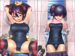 2girls ariduka_anto armpits ass_visible_through_thighs bangs black_hair blue_swimsuit blush breasts clothes_pull covered_navel cowboy_shot dress_shirt formica_(vtuber) hair_between_eyes hair_ornament hair_over_eyes hair_over_one_eye hair_ribbon hairclip huge_breasts indoors loafers looking_at_viewer lying mole mole_under_eye mole_under_mouth multicolored_hair multiple_girls on_back one-piece_swimsuit one_side_up open_clothes open_mouth open_shirt plaid plaid_skirt pleated_skirt purple_eyes red_hair red_ribbon ribbon school_swimsuit school_uniform second-party_source sharp_teeth shiden_(sashimi_no_wife) shiny shiny_clothes shirt shoes shoes_removed short_hair side_ponytail skirt skirt_pull small_breasts smile steam steaming_body streaked_hair striped striped_legwear sweat swimsuit swimsuit_under_clothes teeth thighhighs tile_floor tiles towel twintails undressing virtual_anto_channel virtual_youtuber white_shirt 
