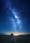  blue_sky galaxy grass highres mks no_humans original power_lines scenery sky star_(sky) star_(symbol) starry_sky sunset tree 