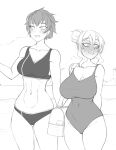  2girls :d bag bangs bare_arms bare_shoulders blush breasts collarbone commentary covered_navel english_commentary eyebrows_visible_through_hair greyscale hair_bun impossible_clothes impossible_swimsuit large_breasts looking_to_the_side medium_breasts mole mole_on_breast monochrome multiple_girls navel nose_blush one-piece_swimsuit open_mouth original short_hair shoulder_bag sidelocks smile stomach sweat swimsuit toned twrlare wavy_mouth yuri 
