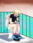  1girl absurdres artist_name black_shirt blonde_hair blue_eyes blush cellphone clothes_pull full_body hair_over_one_eye hand_on_own_cheek hand_on_own_face highres holding holding_phone implied_scat long_hair mario_(series) non-web_source open_mouth panties pants pants_pull panty_pull phone pink_panties rosalina shirt short_sleeves smartphone solo sound_effects theleondrawing toilet toilet_use underwear watermark wavy_mouth 