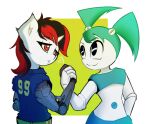  anthro blackjack_(fallout_equestria) clothing crossover duo equid equine fallout_equestria female female/female gesture handshake hasbro hi_res horn jenny_wakeman machine mammal mistleinn my_life_as_a_teenage_robot my_little_pony nickelodeon red_eyes robotic simple_background suit unicorn 