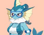  2022 anthro blue_body blue_breasts blue_clothing blue_hair blue_tail blue_topwear breasts cleavage clothed clothing drunk_oak eeveelution female hair looking_at_viewer multicolored_clothing multicolored_topwear nintendo pok&eacute;mon pok&eacute;mon_(species) simple_background solo swimming_goggles topwear two_tone_clothing two_tone_topwear vaporeon video_games white_clothing white_topwear 