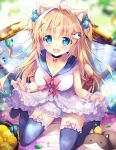  1girl animal_ears blue_eyes blurry blurry_background breasts cat cleavage clothes_lift collarbone dress food frilled_dress frilled_skirt frills fruit hair_ornament hairpin highres lace lace-trimmed_dress lace-trimmed_skirt lace_trim large_breasts leaf long_hair medium_breasts mikeou no_bra open_mouth original pillow ribbon skirt skirt_lift sleeveless sleeveless_dress smile thighhighs thighs twitter_username 