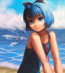  1girl bangs beach blue_bow blue_dress blue_eyes blue_hair bow cirno cirno_day cloud commentary_request day dress firewink flat_chest hair_bow highres ice ice_wings looking_at_viewer neck_ribbon ocean outdoors parted_lips pinafore_dress red_ribbon ribbon russian_commentary sand short_hair sleeveless sleeveless_dress solo touhou upper_body water wings 
