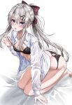  1girl 9a-91_(girls&#039;_frontline) absurdres alternate_costume ass bangs bed black_bra black_panties blue_eyes blush bow bra bra_strap breasts collarbone duplicate eyebrows_visible_through_hair full_body girls&#039;_frontline grey_hair hair_between_eyes hair_bow hair_ornament hairclip highres holding_strap long_hair looking_at_viewer medium_breasts nail_polish open_clothes open_mouth open_shirt panties parted_lips pink_nails pixel-perfect_duplicate ponytail red_bow seiza shirt sitting smile so_myeolchi solo strap_pull thighs underwear white_background white_shirt 