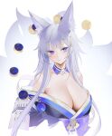  1girl animal_ear_fluff animal_ears azur_lane bare_shoulders breasts cleavage detached_collar eyebrows_visible_through_hair fox_tail grey_hair highres japanese_clothes kimono kitsune kyuubi large_breasts long_hair moon_phases multiple_tails nuae5elll off-shoulder_kimono purple_eyes purple_kimono shinano_(azur_lane) sideways_glance simple_background solo tail upper_body white_background white_tail 