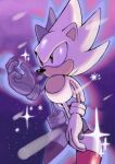  1boy absurdres brown_eyes flying gloves highres hyper_sonic looking_to_the_side male_focus night night_sky no_pants pointy_nose shoes sky solo sonic_(series) sonic_the_hedgehog sonic_the_hedgehog_(classic) sparkle spiked_hair topless_male white_fur yseph6 