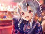  1girl :d absurdres blue_kimono blurry blurry_background commentary_request depth_of_field floral_print grey_hair highres hilamaru hololive horns japanese_clothes kimono long_hair long_sleeves looking_at_viewer market_stall multicolored_hair nakiri_ayame oni oni_horns outdoors outstretched_arm pointing ponytail print_kimono red_eyes red_hair sidelocks smile solo streaked_hair teeth upper_body upper_teeth virtual_youtuber wide_sleeves 