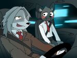  aggressive_retsuko anthro blush bottomwear canid canine canis clothing collared_shirt director_himuro domestic_dog driving duo eyewear fur glasses grey_body grey_fur grey_hair haida hair hi_res hunting_dog hyaenid long_hair male mammal necktie open_mouth pants pb-art red_necktie saluki sanrio sighthound spotted_hyena suit teeth yellow_sclera 