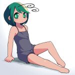 1girl alternate_costume antennae bangs barefoot blush closed_mouth commentary_request expressionless flat_chest full_body green_eyes green_hair grey_camisole grey_shorts highres looking_at_viewer short_hair shorts sitting solo swept_bangs touhou ugif white_background wriggle_nightbug 