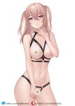  bangs bare_shoulders black_bra black_panties bra breasts brown_hair censored censored_nipples collarbone contrapposto cowboy_shot crotchless crotchless_panties cupless_bra flower_censor hair_between_eyes halterneck hand_up helloimtea highres inui_sajuna lips long_hair looking_at_viewer medium_breasts navel novelty_censor panties parted_lips patreon_username purple_eyes simple_background sono_bisque_doll_wa_koi_wo_suru standing stomach twitter_username two_side_up underwear web_address white_background 