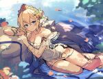  1girl bangs bare_shoulders blonde_hair blue_eyes boots breasts cleavage closed_mouth clothing_cutout collarbone diadem dress europa_(granblue_fantasy) feet_out_of_frame flower granblue_fantasy hair_flower hair_ornament kingyo_114 long_hair looking_at_viewer medium_breasts partially_submerged petals petals_on_liquid smile solo strapless strapless_dress water white_dress 