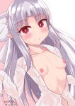  1girl bangs bow breasts bright_pupils closed_mouth collared_shirt dated dot_zip eyebrows_visible_through_hair hair_bow highres long_hair looking_at_viewer melty_blood naked_shirt nipples pointy_ears red_eyes see-through shirt signature small_breasts smile solo tsukihime upper_body wet wet_clothes white_bow white_hair white_len_(tsukihime) white_pupils white_shirt 