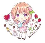  1girl :d artist_name bangs bitter_crown black_footwear blush bow brown_hair cardigan chibi coffee coffee_beans cup dango eyebrows_visible_through_hair flower food fruit full_body gochuumon_wa_usagi_desu_ka? hair_between_eyes hair_ornament hairclip heart holding holding_food hoto_cocoa hoto_cocoa&#039;s_school_uniform key long_hair long_sleeves looking_at_viewer macaron neck_ribbon pink_cardigan pleated_skirt purple_eyes red_ribbon ribbon sailor_collar sanshoku_dango saucer school_uniform shoe_soles shoes simple_background skirt smile solo strawberry thighhighs wagashi white_background white_bow white_flower white_legwear white_sailor_collar white_skirt 