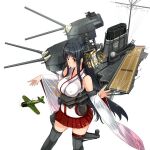 1girl aircraft airplane black_hair cannon commentary_request cowboy_shot detached_sleeves flight_deck floral_print fusou_(kancolle) fusou_kai_ni_(kancolle) grey_legwear hair_ornament kantai_collection long_hair nao_(nao_eg) pleated_skirt red_eyes red_skirt second-party_source simple_background skirt solo standing thighhighs turret white_background 