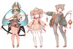  3girls :d animal_ears ankh aqua_hair armlet bell belt_collar black_panties blue_eyes bracelet brown_hair cat_ears cat_girl cat_tail collar colored_inner_hair commentary double_bun ear_piercing frills full_body gradient_hair grey_hair grey_legwear grey_leotard hair_ornament hat high_heels highres jewelry jingle_bell kinakomoti lantern leotard long_sleeves looking_at_viewer multicolored_hair multiple_girls navel neck_bell open_mouth original outstretched_arm outstretched_arms panties piercing puffy_long_sleeves puffy_sleeves red_eyes red_footwear shoes short_hair simple_background single_bare_shoulder single_leg_pantyhose single_thighhigh skindentation smile split_tail spread_arms tail thigh_gap thighhighs underwear white_background white_legwear 