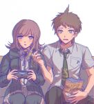  1boy 1girl ahoge badge bangs blush breast_pocket brown_hair brown_skirt chips controller couch danganronpa_(series) danganronpa_2:_goodbye_despair dress_shirt eyebrows_visible_through_hair food galaga green_necktie grey_background grey_shirt hair_ornament harami_(qz48lr) highres hinata_hajime holding holding_controller holding_food jacket medium_hair nanami_chiaki necktie open_clothes open_jacket pink_eyes playing_games pleated_skirt pocket shirt short_hair simple_background sitting skirt sweat thighhighs white_shirt 