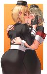  2girls armband black_gloves black_headwear black_jacket black_skirt blonde_hair closed_eyes garrison_cap girls&#039;_frontline gloves grey_hair hair_ornament hairclip hand_on_another&#039;s_face hat heart highres imminent_kiss jacket long_sleeves looking_at_another military military_hat military_jacket military_uniform mp40_(girls&#039;_frontline) mp41_(girls&#039;_frontline) multiple_girls red_eyes short_hair skirt toryu_fufu uniform wehrmacht wrist_cuffs yuri 