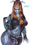  2020 5_fingers absurd_res accessory alamander armwear artist_name big_breasts breasts bridal_gauntlets clothed clothing cowl curvy_figure eyebrows female fingers hair hair_accessory hair_ring hi_res humanoid long_hair looking_at_viewer midna_(true_form) midriff navel nintendo not_furry orange_hair red_eyes simple_background solo text the_legend_of_zelda thick_thighs twili twilight_princess url video_games voluptuous white_background wide_hips yellow_sclera 