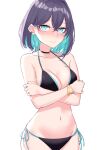  1girl absurdres aqua_eyes bare_arms bare_shoulders bikini black_bikini black_choker black_hair blush breasts choker cleavage closed_mouth collarbone colored_inner_hair covering covering_breasts cowboy_shot embarrassed halter_top halterneck highres ichiki_1 looking_at_viewer medium_breasts mole mole_under_eye multicolored_hair navel nose_blush original short_hair side-tie_bikini simple_background solo standing stomach strap_gap string_bikini swimsuit white_background 