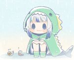  ! 1girl :3 animal bangs blue_eyes blue_hair blunt_bangs blush_stickers chibi commentary dinosaur_costume fish_tail gawr_gura hands_on_own_knees highres hololive hololive_english hood hood_up multicolored_hair rain raincoat same_anko shark_tail shrimp smile smol_gura snail solo squatting streaked_hair symbol-only_commentary tail two-tone_hair virtual_youtuber white_hair 