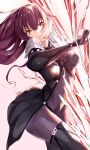  1girl absurdres armor bangs bodysuit breasts chankuro covered_navel fate/grand_order fate_(series) hair_between_eyes highres large_breasts long_hair looking_at_viewer pauldrons purple_bodysuit purple_hair red_eyes scathach_(fate) shoulder_armor solo thighs 