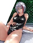  1girl admiral_graf_spee_(azur_lane) alternate_costume aqua_eyes azur_lane breasts chain-link_fence competition_swimsuit cross fence grey_hair groin hand_on_own_stomach highleg highleg_swimsuit highres iron_cross looking_at_viewer medium_breasts multicolored_hair one-piece_swimsuit oriue_wato reclining shark_print streaked_hair swimsuit thighs towel wet 