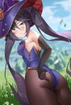  1girl absurdres ass bare_shoulders black_gloves black_hair blue_eyes blurry blurry_background breasts brown_legwear cowboy_shot depth_of_field elbow_gloves from_behind genshin_impact gloves gold_trim hat highres kemile leotard long_hair looking_at_viewer looking_back mona_(genshin_impact) outdoors pantyhose parted_lips purple_headwear purple_leotard small_breasts solo standing strapless strapless_leotard twintails very_long_hair witch_hat 