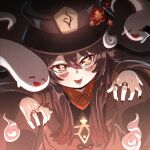  1girl :d :p bangs black_hair black_nails chinese_clothes commentary_request eyebrows_visible_through_hair flower genshin_impact ghost ghost_pose hair_between_eyes hat hat_flower hat_ornament highres hitodama hu_tao_(genshin_impact) jewelry lhofi long_hair long_sleeves looking_at_viewer orange_eyes ring sidelocks smile symbol-shaped_pupils tongue tongue_out twintails 