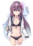  1girl bikini black_bikini breasts brown_hair cleavage cowboy_shot cropped_legs drawstring front-tie_top hair_ornament highres hood hooded_jacket hoodie jacket kantai_collection kisaragi_(kancolle) long_hair medium_breasts minosu purple_eyes solo standing swimsuit white_jacket 