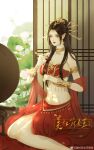  1girl absurdres bare_legs bare_shoulders black_hair cai_lin_(doupo_cangqiong) combing doupo_cangqiong hair_ornament highres jewelry long_hair mei_du_sha_nuwang_zhuye pointy_ears red_eyes sitting smile solo upper_body 