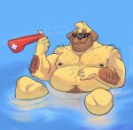  2022 anthro belly big_belly canid canine canis domestic_dog eyewear hi_res humanoid_hands male mammal moobs nipples overweight overweight_male sitting smollsaid solo sunglasses water 