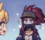  2girls :d ahri_(league_of_legends) akali animal_ears bangs black_choker black_headwear blonde_hair blue_background blue_jacket choker collarbone facial_mark fang fox_ears gradient gradient_background index_finger_raised jacket k/da_(league_of_legends) k/da_ahri k/da_akali league_of_legends looking_at_another mask mouth_mask multiple_girls open_clothes open_jacket phantom_ix_row ponytail purple_hair shiny shiny_hair smile sparkle teeth whisker_markings 