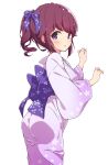  1girl :o blue_ribbon eyebrows_visible_through_hair hair_ribbon highres japanese_clothes kimono long_sleeves looking_at_viewer machikado_mazoku mel_(melty_pot) purple_eyes purple_kimono ribbon short_hair simple_background solo white_background yoshida_ryouko 