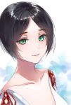  1girl black_hair blue_background breasts brightblueeden cleavage closed_mouth dress eyebrows_visible_through_hair fata_morgana_no_yakata giselle_(fata_morgana_no_yakata) green_eyes large_breasts looking_at_viewer short_hair simple_background smile solo standing upper_body white_background 