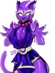  anthro asuri_(brawlhalla) big_breasts breasts cleavage_cutout clothing dress empty_eyes felid feline female fur hi_res jewelry mammal necklace pantherine purple_body purple_clothing purple_dress purple_fur signature simple_background solo tiger tongue tongue_out white_background 
