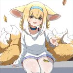  1girl :d absurdres animal_ears arknights bangs blonde_hair braid casual choker collarbone commentary eyebrows_visible_through_hair fox_ears fox_girl fox_tail gradient_hair green_eyes hair_between_eyes highres infection_monitor_(arknights) kyuubi leaf lhofi long_hair long_sleeves looking_at_viewer multicolored_hair multiple_tails pleated_skirt reaching_out sidelocks simple_background sitting skirt smile solo suzuran_(arknights) tail twin_braids two-tone_background white_legwear zettai_ryouiki 