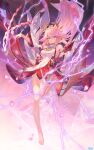  1girl absurdres animal_ears artist_name atdan bangs bare_legs bare_shoulders barefoot breasts closed_mouth detached_sleeves dress earrings electricity feet floating_hair floral_print full_body genshin_impact gohei hair_between_eyes hair_ornament highres holding jewelry large_breasts long_hair looking_at_viewer petals pink_hair purple_eyes sideboob sleeveless sleeveless_dress smile solo yae_miko 