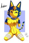  2022 4_fingers absurd_res animal_crossing ankha_(animal_crossing) anthro areola blue_hair breasts bunbunmuffins dated digital_media_(artwork) domestic_cat egyptian english_text felid feline felis female fingers frown fur genitals hair hi_res kneeling looking_at_viewer mammal narrowed_eyes navel nintendo nipples nude pubes signature simple_background solo text video_games yellow_body 