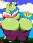  absurd_res ambiguous_gender big_butt blush butt clothed clothing day feral green_body hi_res looking_at_viewer meganium nintendo pok&eacute;mon pok&eacute;mon_(species) solo thick_thighs video_games wetfox yellow_eyes 